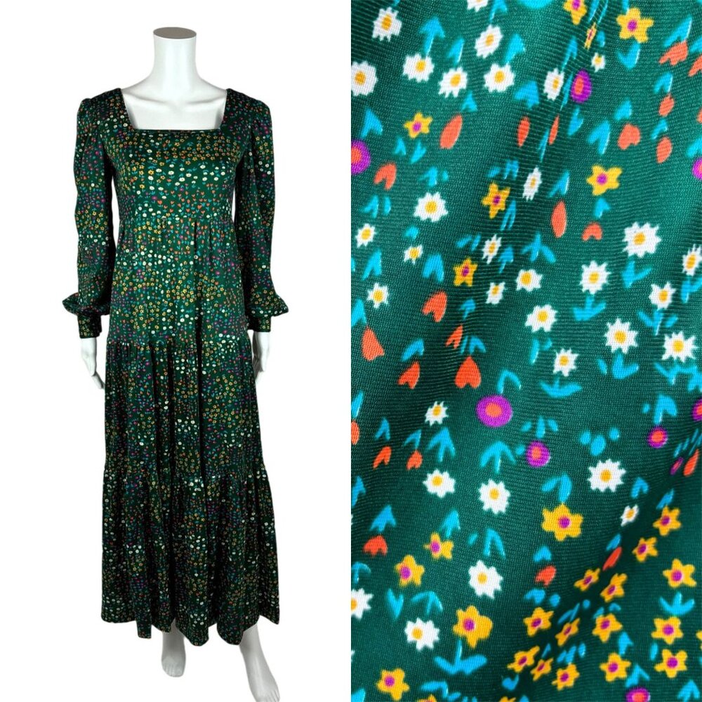 Vintage 70s Maxi Dress Women's Small Forest Green Multicolored Long Sleeves
